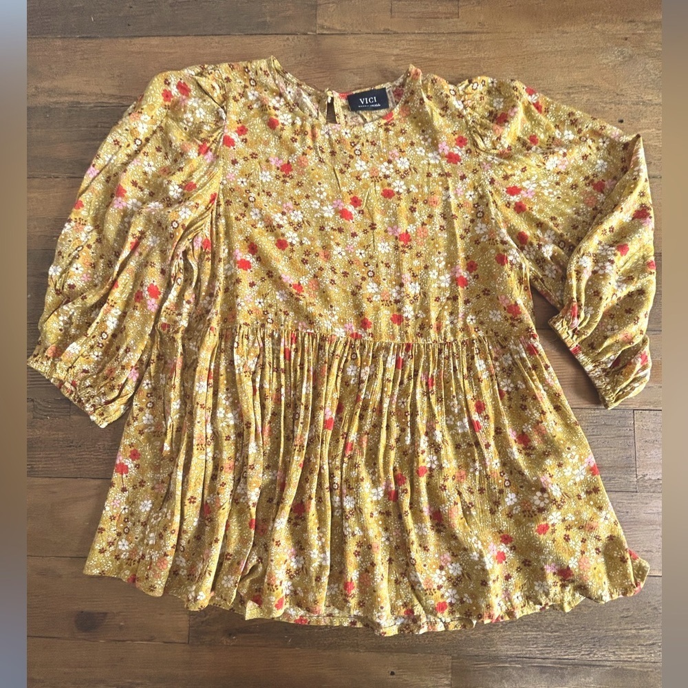 VICI Floral Babydoll Peplum Mustard  Mini floral Yellow Boho Cottagecore Top - Picture 4 of 11